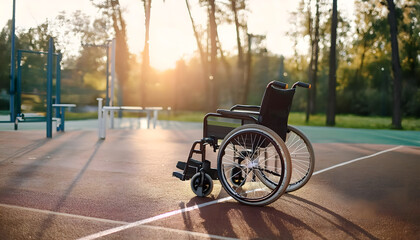 Empty wheelchair in front of an abandoned sports park in the city.