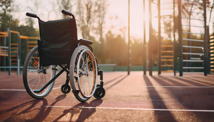Obraz premium Empty wheelchair in front of an abandoned sports park in the city.