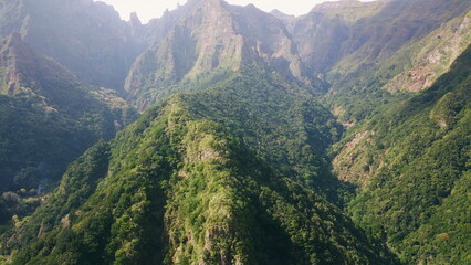 Naklejka premium Majestic mountain forests covering green valleys and steep cliffs drone view.