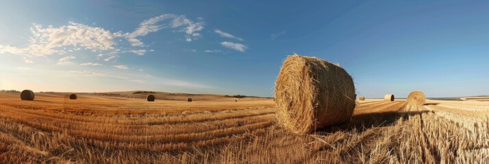 Hays in a field, a wide panorama view, a blue sky, a nature landscape, hay bales in the background, golden straw grass in round shapes for animal food Generative AI