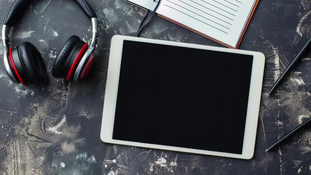 Creative Workspace with Tablet, Headphones, and Notepad