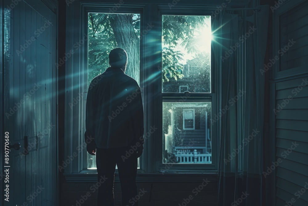Poster A person stands in front of a window with a view outside