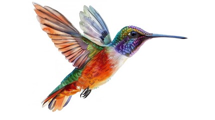 A close-up of a vibrant hummingbird in mid-flight, isolated on a white background.