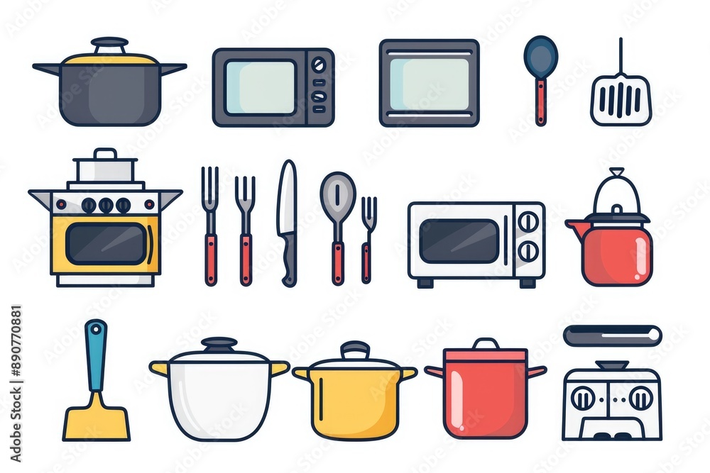 Poster A collection of common kitchen tools and appliances arranged on a table or countertop