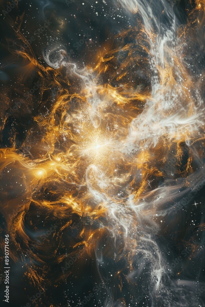 Aufkleber a bright yellow and white nebula with stars shining through the cosmic dust, ideal for science or te