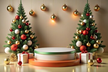 Christmas Themed Product Podium with Decorated Trees and Gifts
