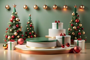 Christmas Themed Product Podium with Decorated Trees and Gifts