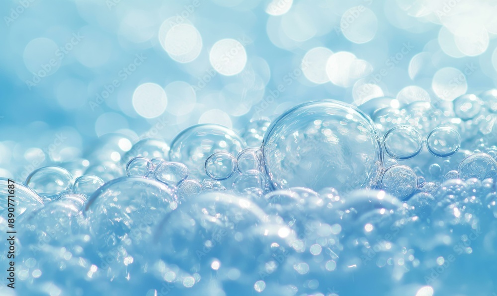 Poster a close-up image featuring transparent bubbles and water ripples on a light blue background with sof