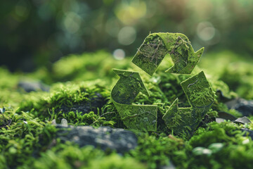 Moss-Covered Recycling Symbol on Green Forest Floor