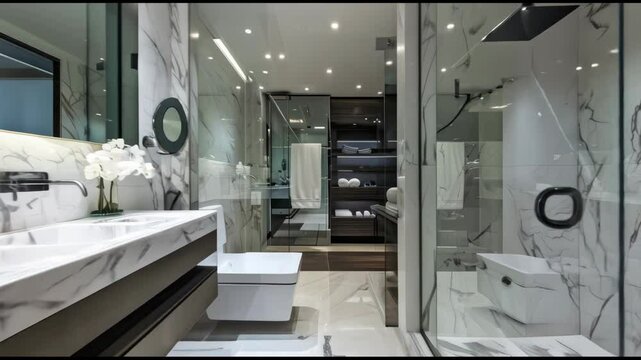 A spacious bathroom with marble floors and walls, featuring a large walk-in shower, a double vanity, and a separate toilet