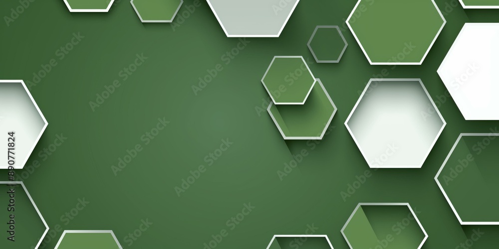 Poster green background with overlapping white hexagons.