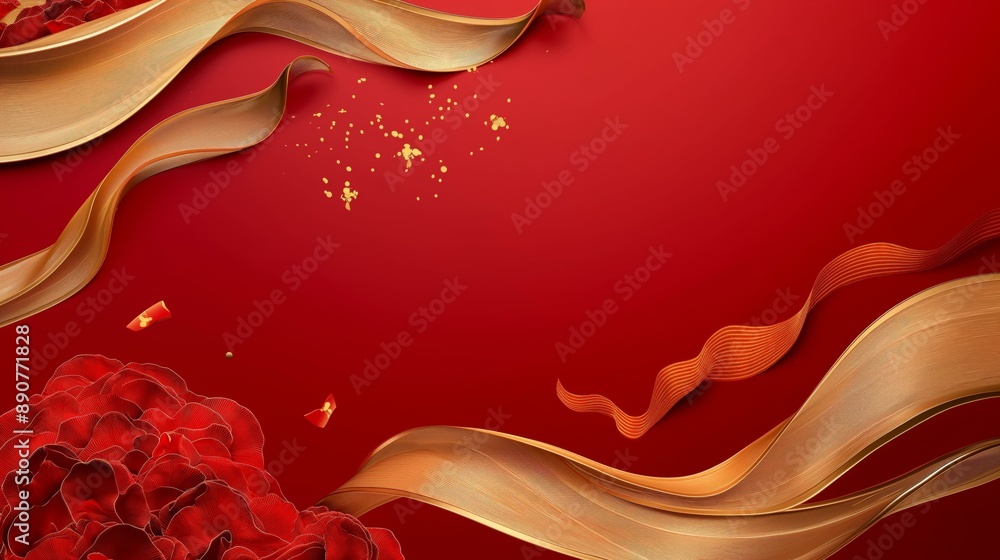 Poster an abstract image featuring flowing, wavy, golden and red ribbons in a gentle curve pattern over a r