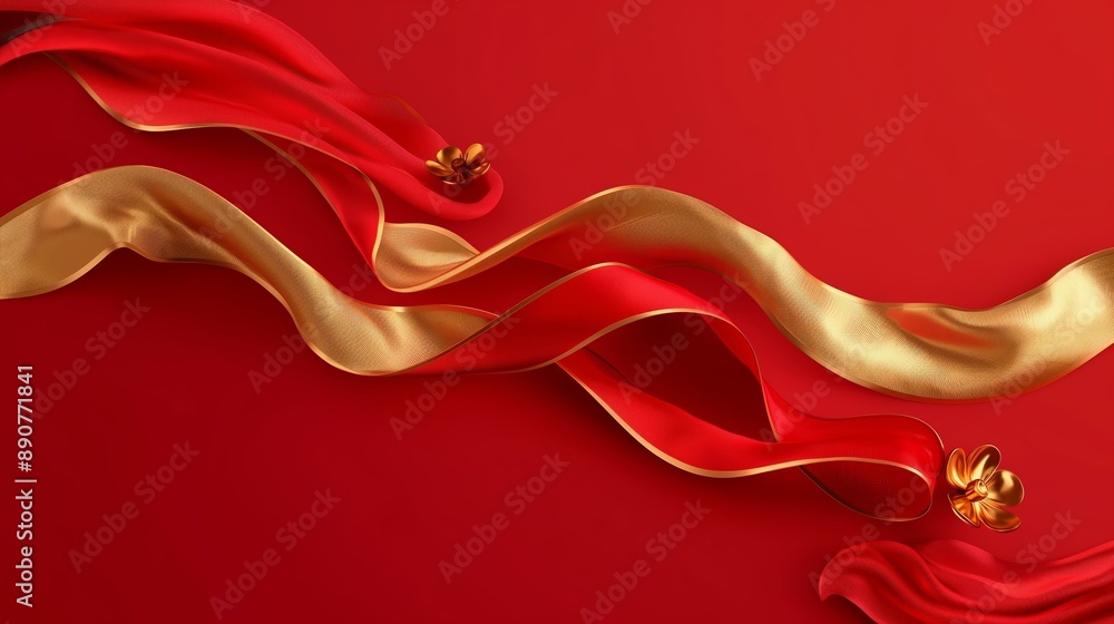 Aufkleber an abstract image featuring flowing, wavy, golden and red ribbons in a gentle curve pattern over a r