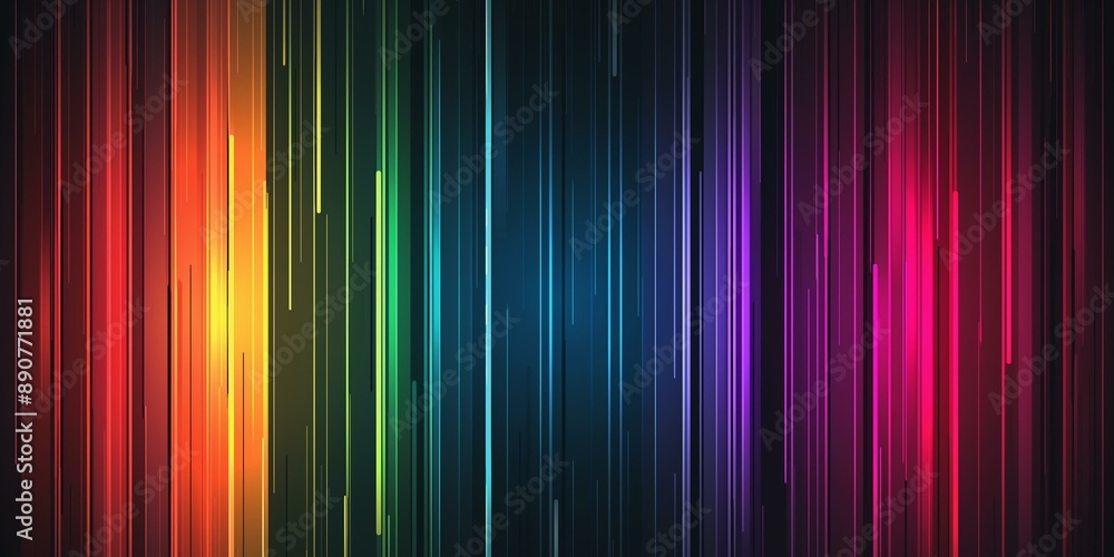 Poster abstract image featuring colorful vertical rainbow lines on a dark background.