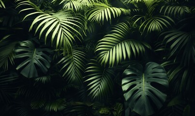 A lush scene of dense palm trees and ferns in a tropical jungle.