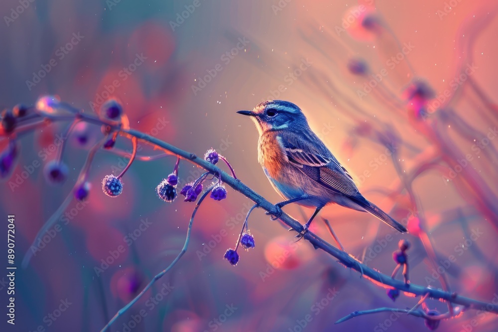 Poster A small bird sits comfortably on a branch of a tree, possibly enjoying the view or taking a break