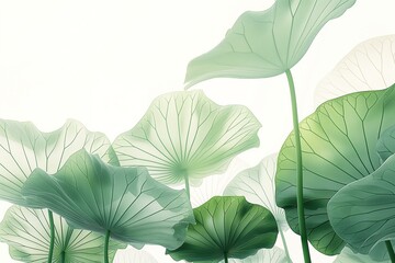 An artistic depiction of semi-transparent green lotus leaves against a white background.
