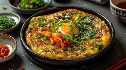 Fototapeta premium Korean kimchi pancake, a delicious and easy-to-make dish made with kimchi, eggs, and scallions. It is a perfect breakfast, lunch, or dinner option.