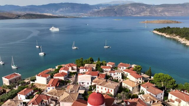 Aerial drone video from picturesque and traditional historic seaside village of Galaxidi featuring landmark church of Agios Nikolaos, Fokida, Greece