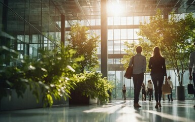 Blurred background of people walking in a modern office building with green trees and sunlight , eco friendly and ecological responsible business concept image with copy space