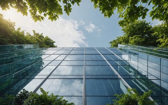 Architecture image with a modern glass building with a lot of green plants trees and bushes for business architecture environmental friendly and eco-concept