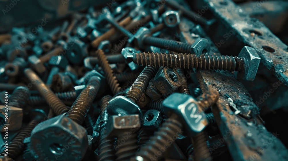 Poster a collection of screws and nuts stacked together, suitable for illustration or design use