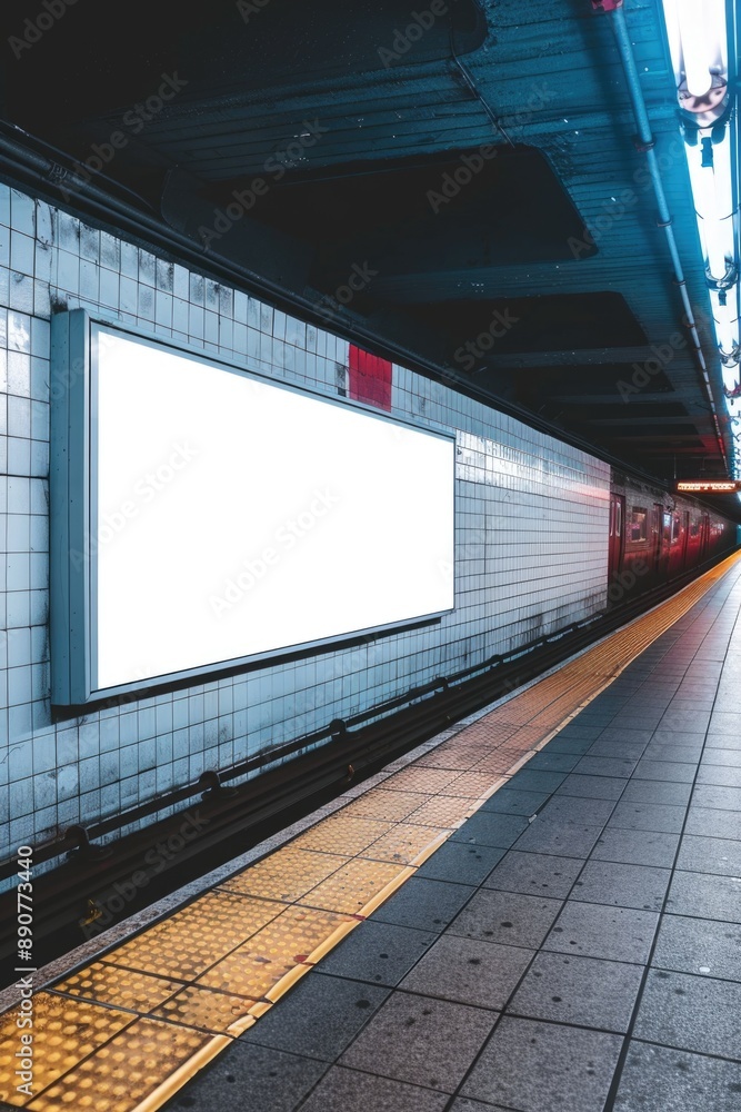 Aufkleber A quiet subway platform with an empty billboard on the wall, ideal for use in travel or cityscape contexts