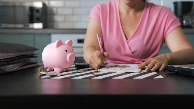 Young woman puts coing into a piggy bank and writes down savings data in a notebook while sitting at table in the kitchen