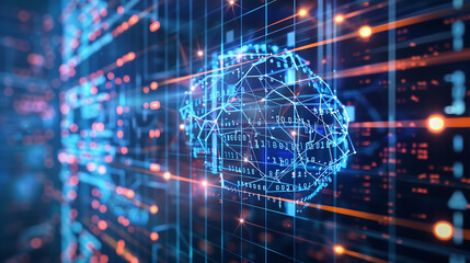 Digital brain and binary code background with glowing data points, technology concept for artificial intelligence or big impact of digital transformation in business