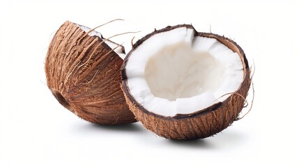 Two halves of a coconut isolated on a white background