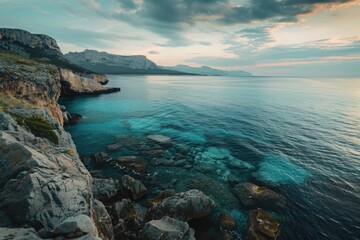 Fototapeta premium A scenic view of the ocean from a rocky cliff, with waves crashing against the shore