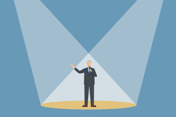 8頭身のフラットデザインのシニアの白人系男性ビジネスマン　舞台に立ちスポットライトの公演のイラスト