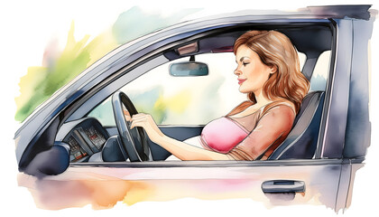 Naklejka premium Pregnant woman driving car. Watercolor.