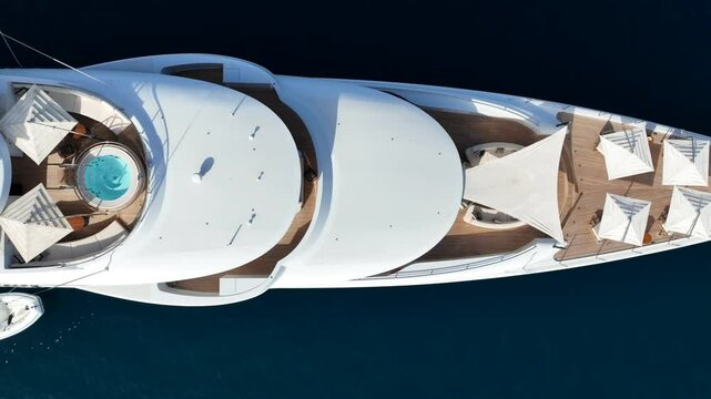 Aerial drone top down pan tracking video of luxury yacht with wooden deck anchored in deep blue Mediterranean sea