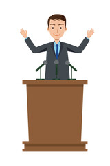 公演台演台でスピーチする可愛い日本人男性のビジネスマン、両手をあげるポーズ　白背景　漫画