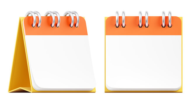 A Mockup of a Desk Calendar. A personal on-desk calendar in the form of A-frame whith a blank face page isolated on a transparent background. 3D rendering graphics in orthographic projections