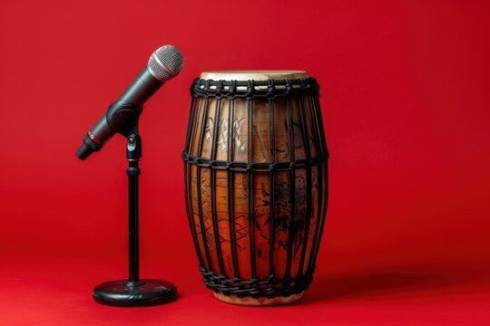 Ethnic Cuban conga drum with microphone on red background Made of wood and leather African drum set