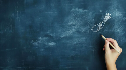 Hand drawing a bird on a blank chalkboard, signifying creativity and artistic expression in an educational setting.
