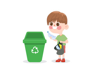 a boy keep plastic waste to recycle bin
