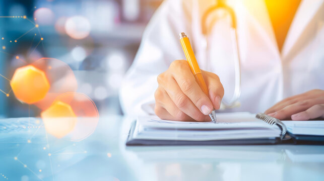 Doctor writing notes in medical journal, wearing a white coat with a stethoscope, concept of healthcare and medical documentation.