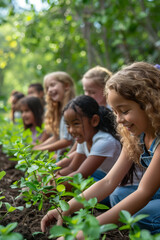 A group of smiling children are planting saplings in a garden, enjoying the outdoors and learning about nature. their enthusiasm and teamwork in a lush, green environment.