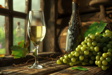 Obraz premium Close-up of a transparent glass of white wine, with a bottle of wine and a bunch of green grapes nearby, set on a rustic wooden table