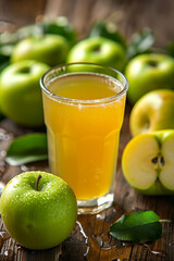 Fototapeta premium Glass of fresh apple juice, with green apples and apple slices surrounding it