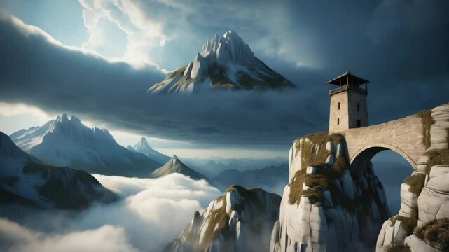A majestic mountain pass, crafted in breathtaking hyper-realistic detail, suspended within a surreal, ray-traced realm, under a dramatic, cloud-strewn sky