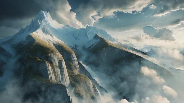 A majestic mountain pass, crafted in breathtaking hyper-realistic detail, suspended within a surreal, ray-traced realm, under a dramatic, cloud-strewn sky