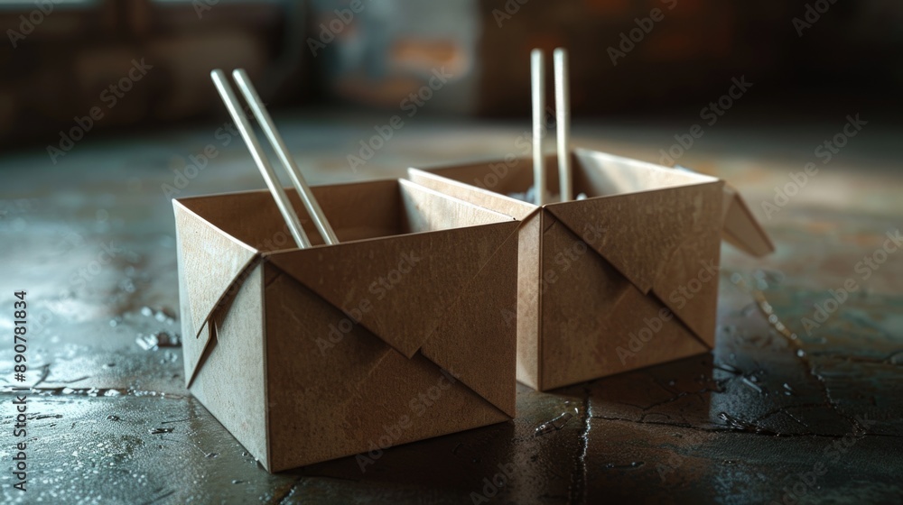 Poster a pair of wooden chopsticks placed in a rectangular box on a table