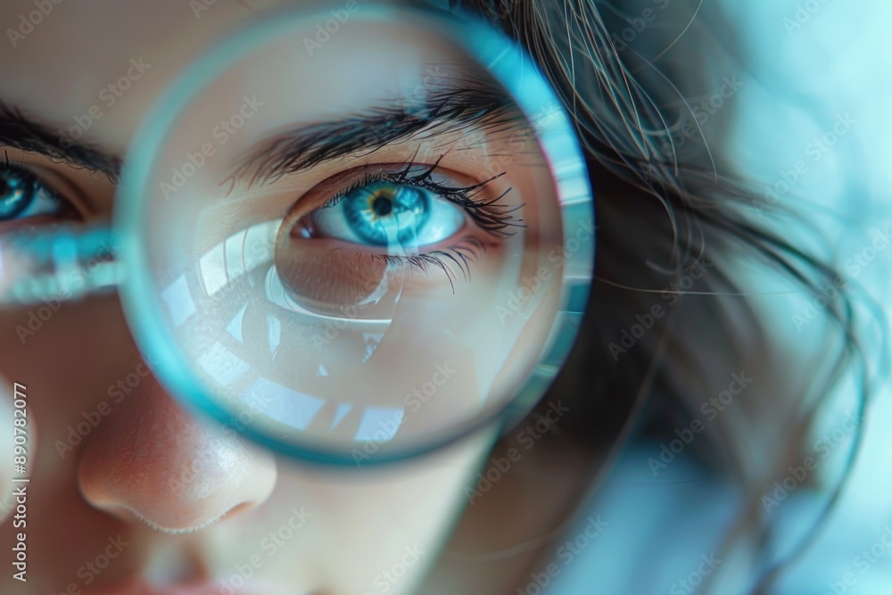 Poster a person investigates an object using a magnifying glass for closer inspection