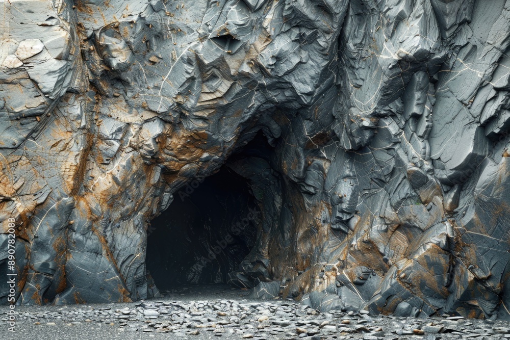Poster a large rock formation with a cave in the middle, suitable for use as a background or in outdoor sce