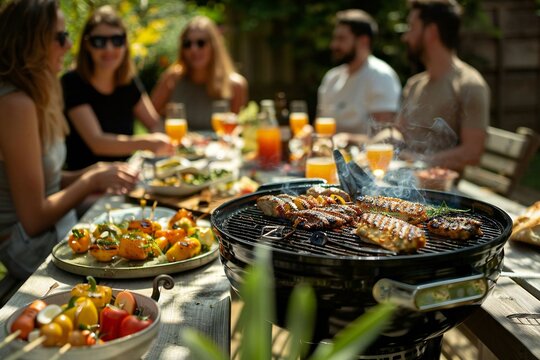 group portrait of friends and family enjoying a summer BBQ picnic in the garden, surrounded by delicious food and drinks.