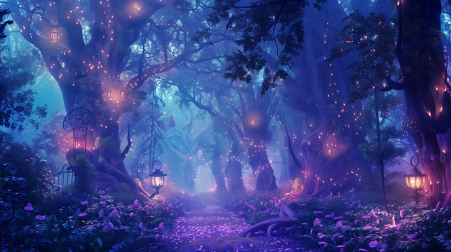 Magical fantasy fairy tale scenery night in a forest